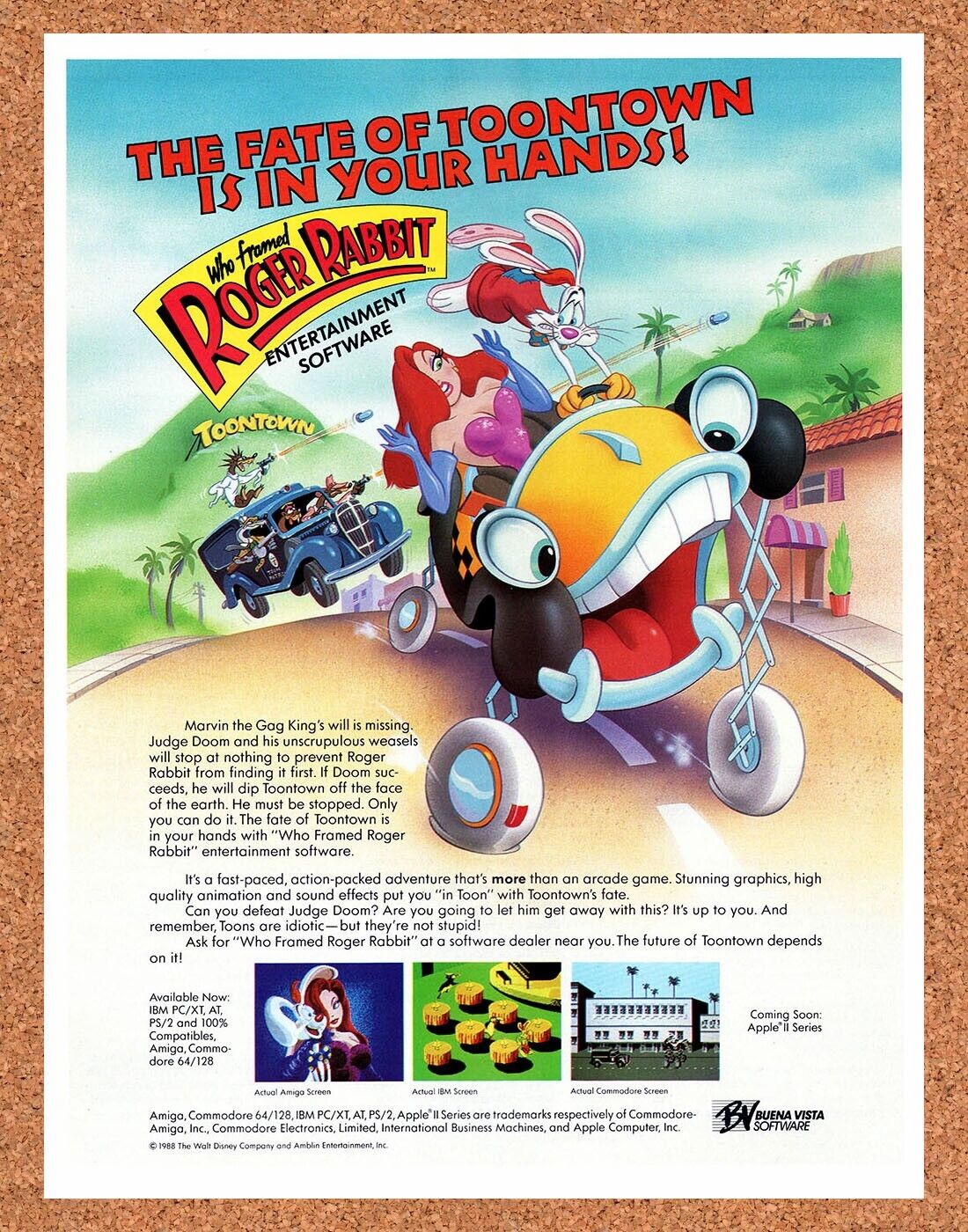Who Framed Roger Rabbit? Amiga Original 1990 Vintage Ad - Video Game Promo