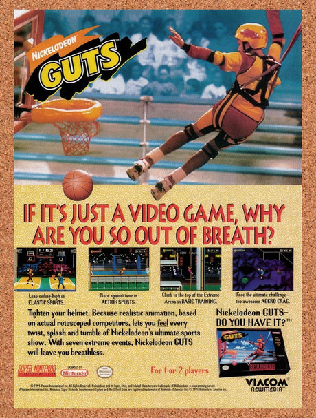 1995 Nickelodeon GUTS SNES Original Advertisement / Retro Wall Art v1