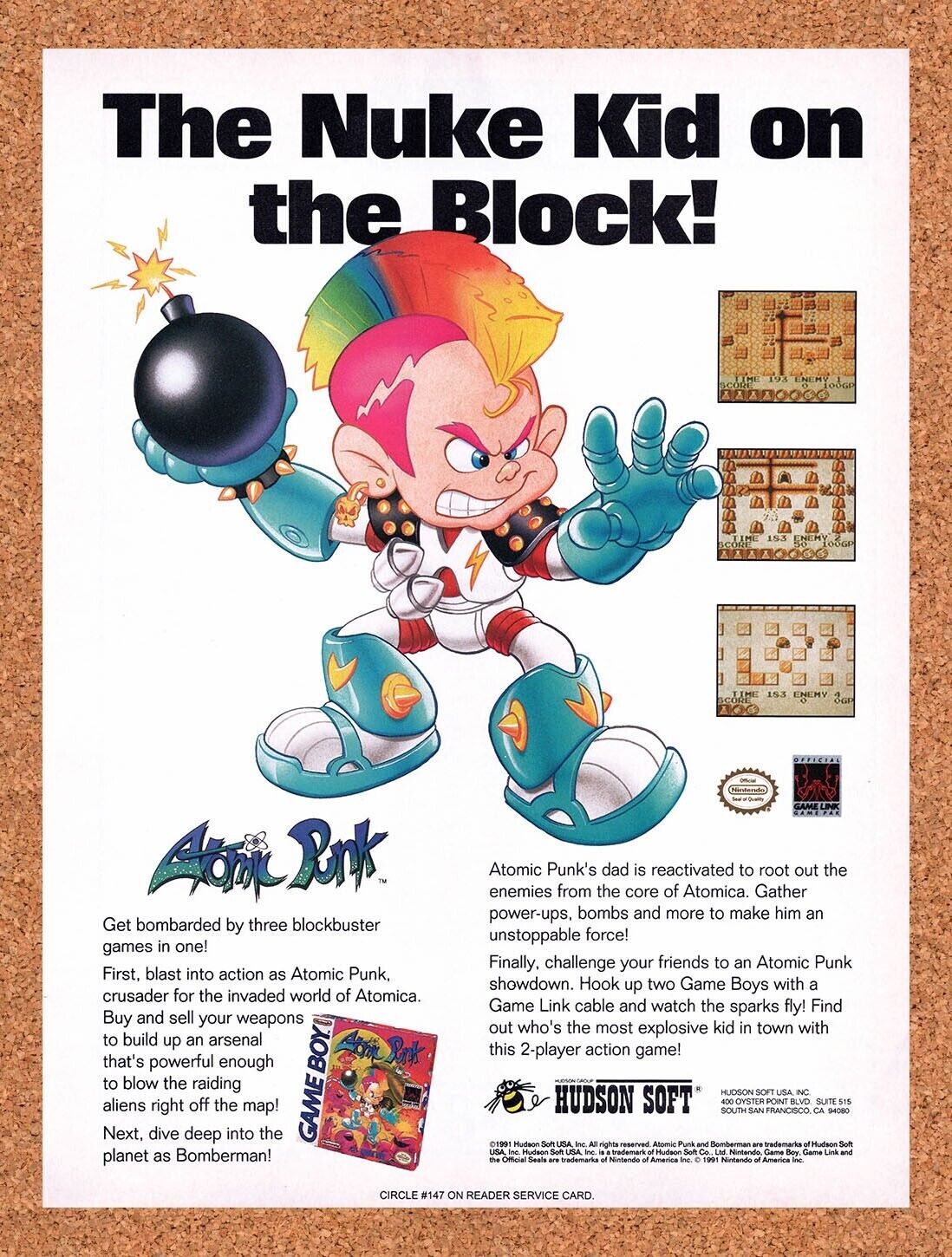 1992 Atomic Punk Game Boy Original Advertisement / Retro Wall Art v1