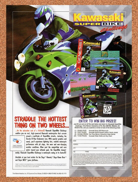1995 Kawasaki Super Bike Challenge Genesis Sweepstakes Original Ad / Wall Art v1