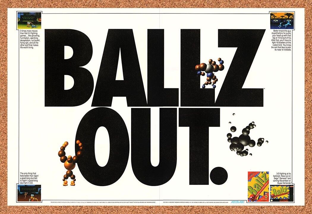 Ballz SNES Original 1993 Print Ad Authentic Lewd Nintendo Video Game Art Promo