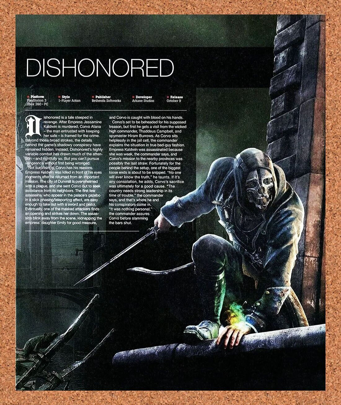 Dishonored Xbox 360 Original 2012 Ad Authentic Bethesda Video Game Promo Art