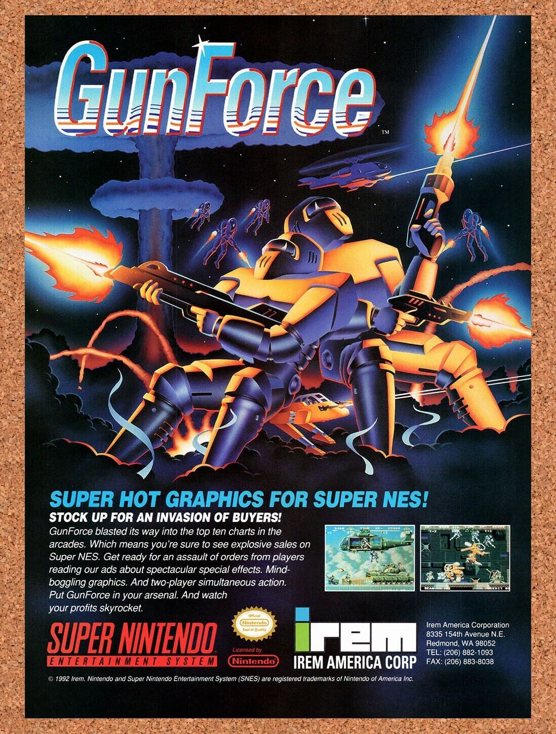 1992 GunForce SNES Original Advertisement / Retro Wall Art v1
