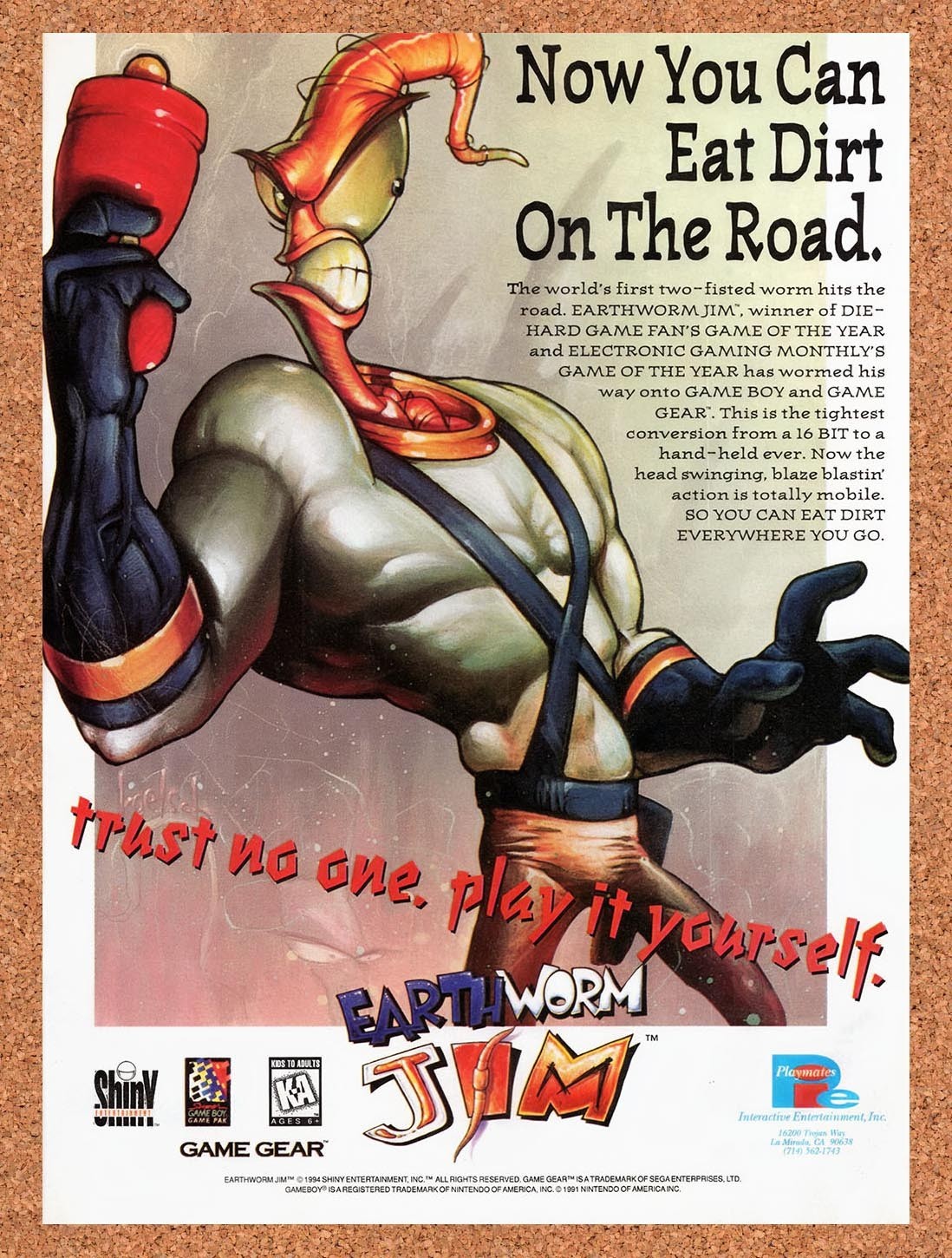 1995 Earthworm Jim Game Gear Original Advertisement / Retro Promo v7