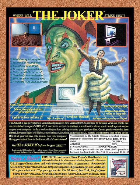 1994 The Joker Virus Prank Software Original Advertisement / Retro Promo v1