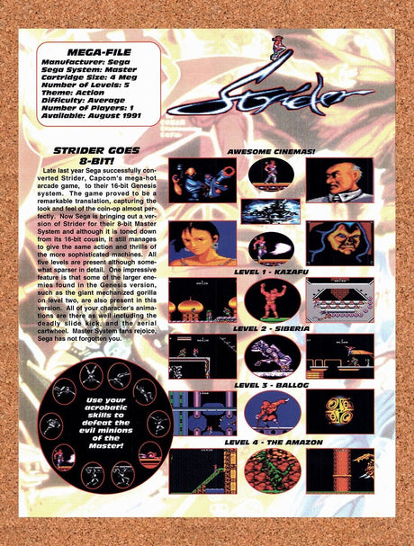 1991 Strider Master System Original Advertisement / Retro Wall Art v4