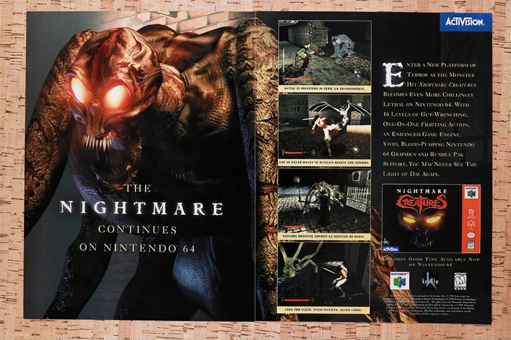 1998 Nightmare Creatures 1 N64 Original Advertisement / Retro Wall Art v1