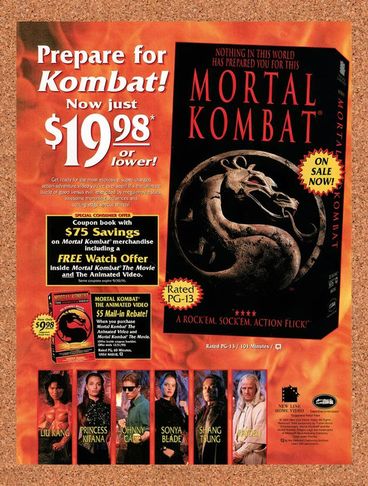 1995 Mortal Kombat Movie VHS Rebate Original Advertisement / Retro Wall Art v2