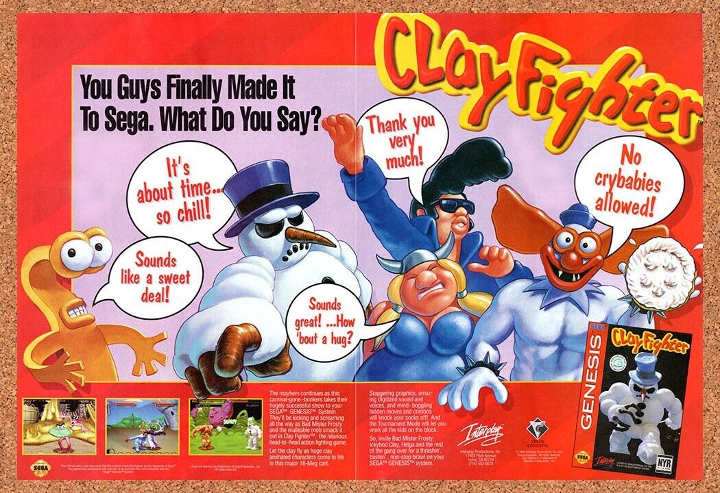 1993 ClayFighter Genesis Original Advertisement / Retro Wall Art v2