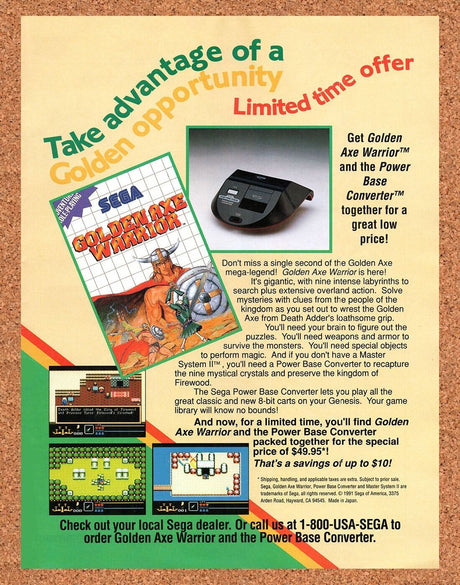 1991 Golden Axe Warrior  Master System Original Ad / Retro Wall Art v1