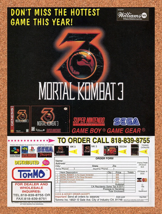 1994 Mortal Kombat 3 Order Form Original Advertisement / Retro Wall Art v9