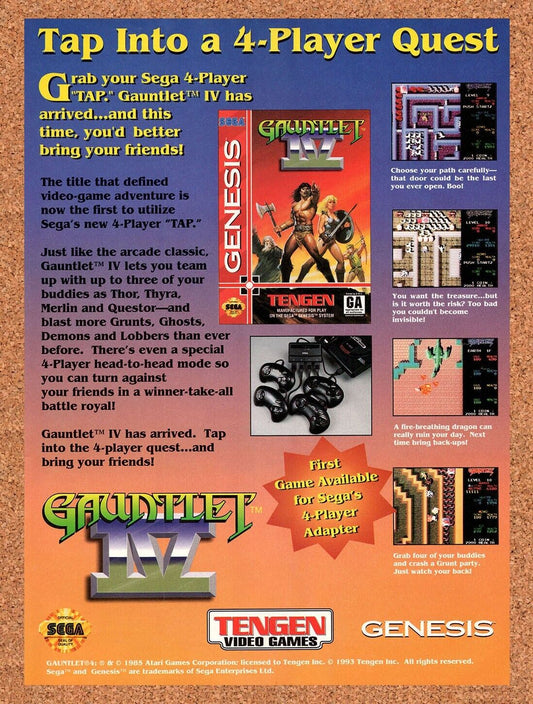 1992 Gauntlet IV Genesis Original Advertisement / Retro Wall Art v1