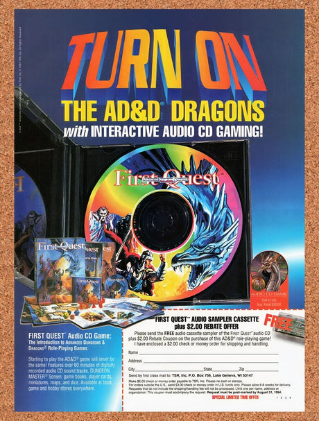 1994 Advanced D&D First Quest Audio CD Game Original Ad / Retro Wall Art v2