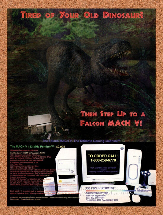 Falcon Northwest Original 1994 Vintage Ad - Dinosaur Retro Tech Promo
