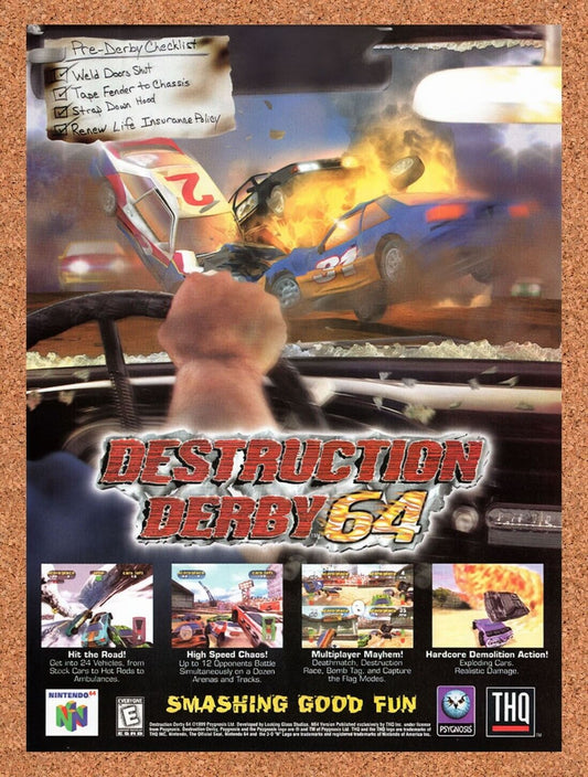 1998 Destruction Derby 64 N64 Original Advertisement / Retro Wall Art v1