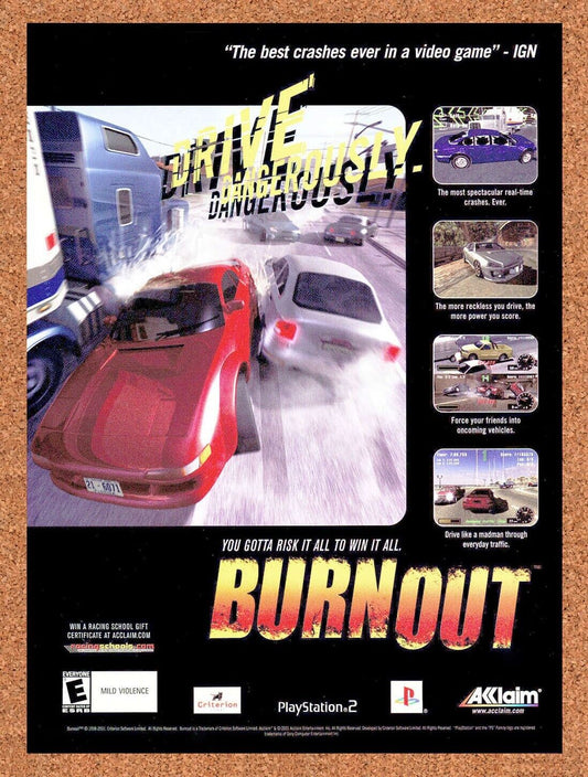 Burnout PS2 Original 2002 Print Ad Authentic Racing Video Game Art Promo