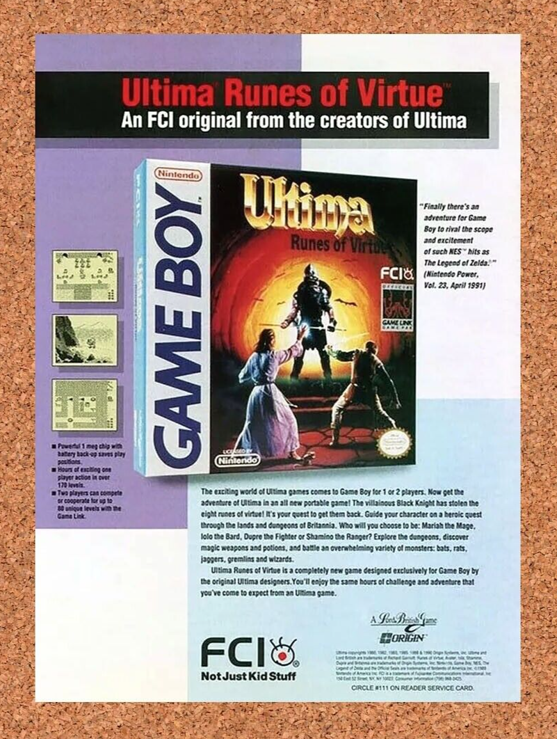 Ultima Runes Of Virtue Gameboy Original 1991 Ad Authentic RPG Nintendo Promo