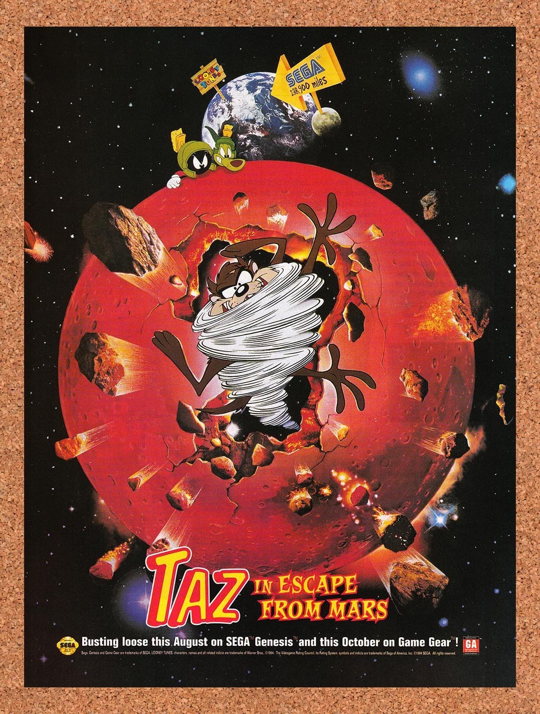 1994 Taz In Escape From Mars Genesis Original Advertisement / Retro Promo v2