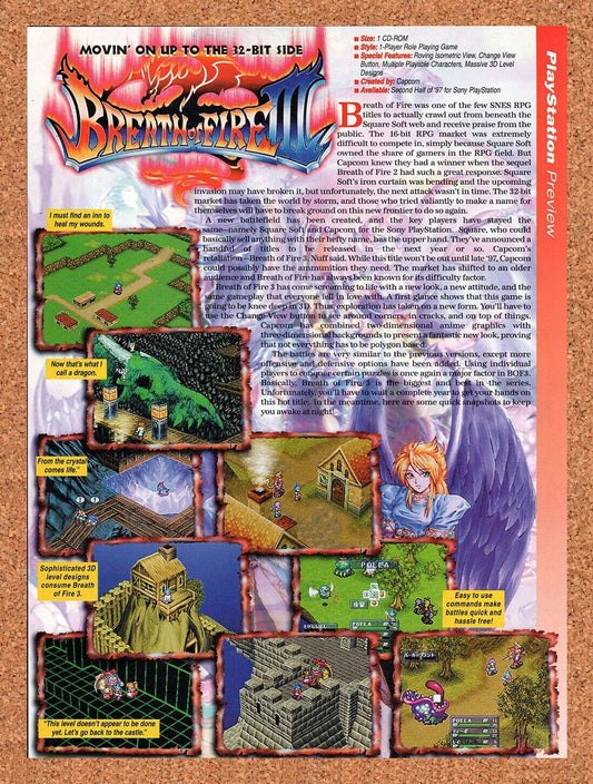 Breath Of Fire III PS1 Original 1995 Vintage Ad - Video Game Review Promo