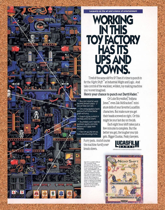 Night Shift IBM Original 1990 Vintage Ad - Lucas Film Video Game Promo