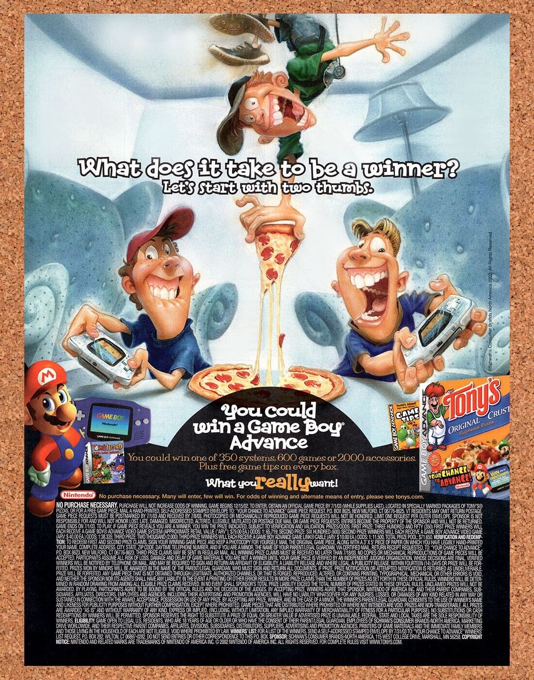 Nintendo GBA Original 2002 Vintage Ad - Tonys Pizza Video Game Sweepstakes Promo