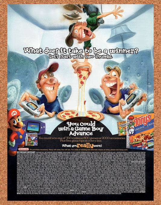 Nintendo GBA Original 2002 Vintage Ad - Tonys Pizza Video Game Sweepstakes Promo