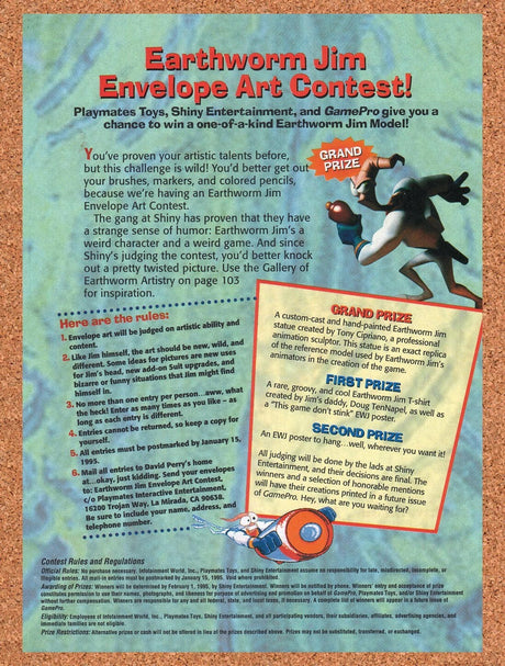 1995 Earthworm Jim Envelope Art Contest Original Ad / Retro Wall Art v16