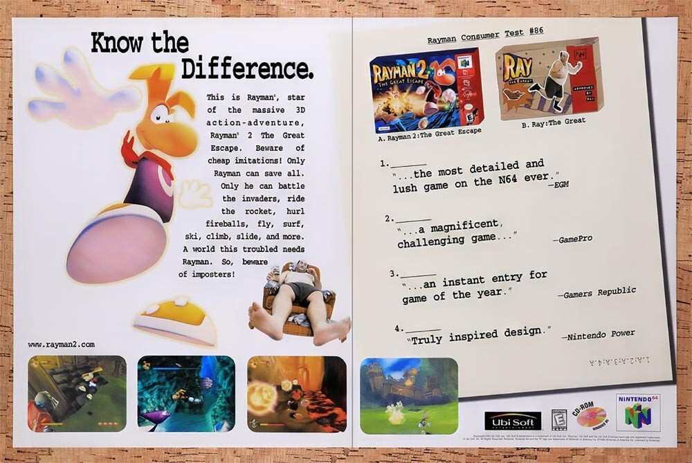 1999 Rayman 2 N64 Games Original Advertisement / Retro Wall Art v1