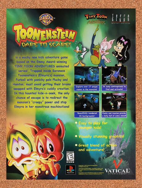 1999 Tiny Toon Adventures Toonenstein PS1 Original Ad / Retro Wall Art v1