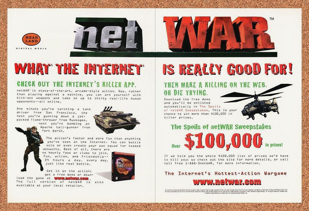 Net War PC Original 1997 Print Ad Authentic Online Video Game Sweepstakes Promo