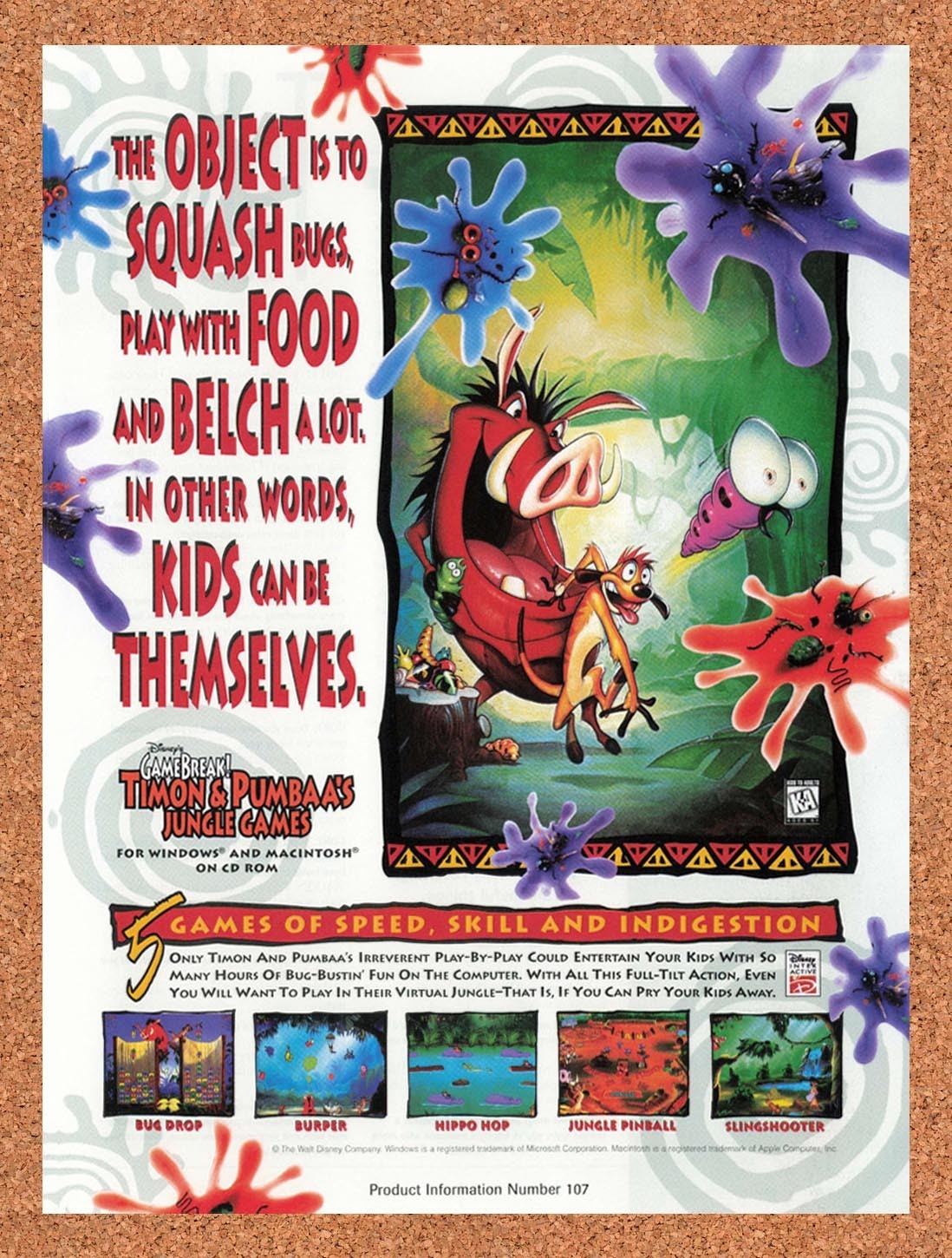 1996 Timon & Pumbas Jungle Games PC Original Advertisement / Retro Promo v1