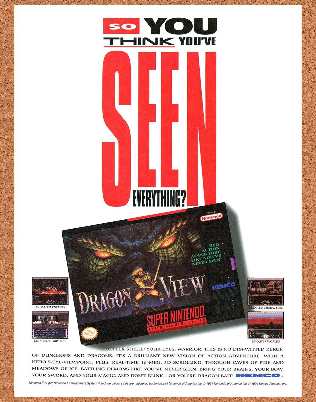 Dragon View SNES Original 1993 Print Ad Authentic Nintendo Video Game Art Promo