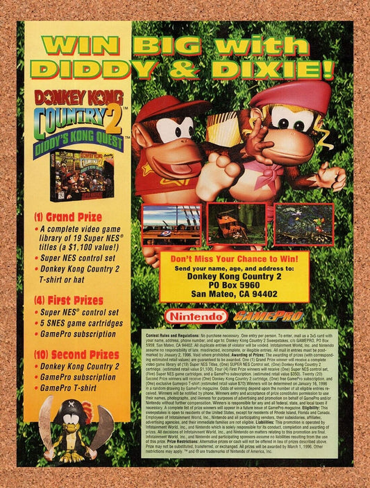 1994 Donkey Kong Country 2 Sweepstakes Original Ad / Retro Wall Art v2