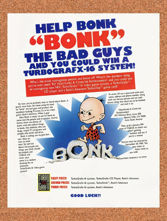 1989 Bonks Adventure Turbo Grafx-16 Sweepstakes Original Ad / Retro Wall Art v2