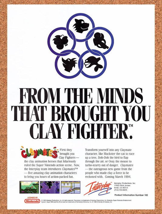 1993 Claymates SNES Original Advertisement / Retro Wall Art v1