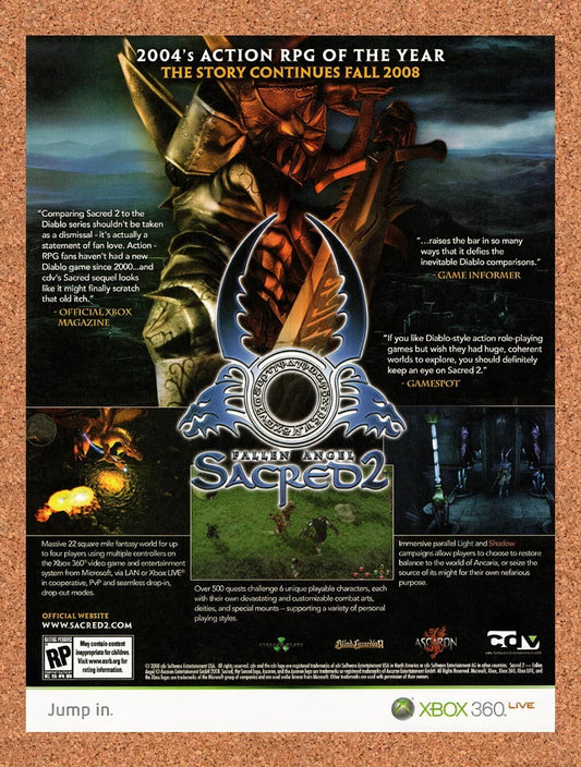 2007 Sacred 2 Fallen Angel Xbox 360 Original Advertisement / Retro Wall Art v3