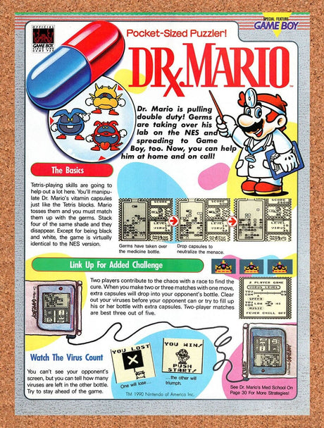 1990 Dr Mario Game Boy Original Advertisement / Retro Wall Art v1