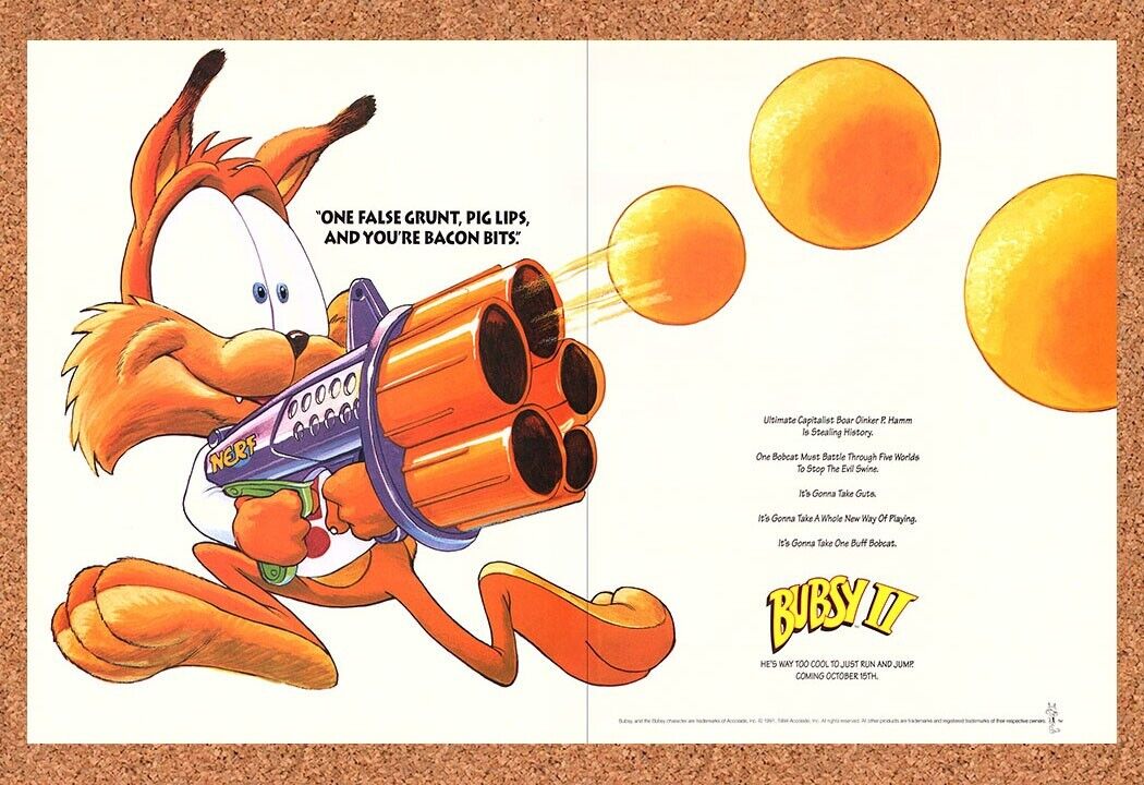 Bubsy II SNES Original 1993 Print Ad Authentic Retro Video Game Promo Wall Art 1