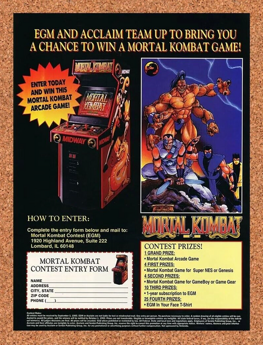 Mortal Kombat Arcade Sweepstakes Original 1993 Ad Authentic Video Game Promo