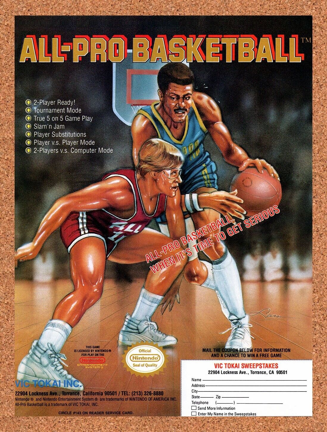 1990 All-Pro Basketball NES Original Advertisement / Retro Wall Art v1