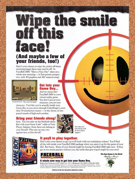 1992 Faceball Game Boy Original Advertisement / Retro Wall Art v1