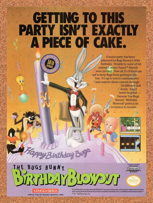 1989 Bugs Bunny Birthday Blowout NES Original Advertisement / Retro Wall Art v1