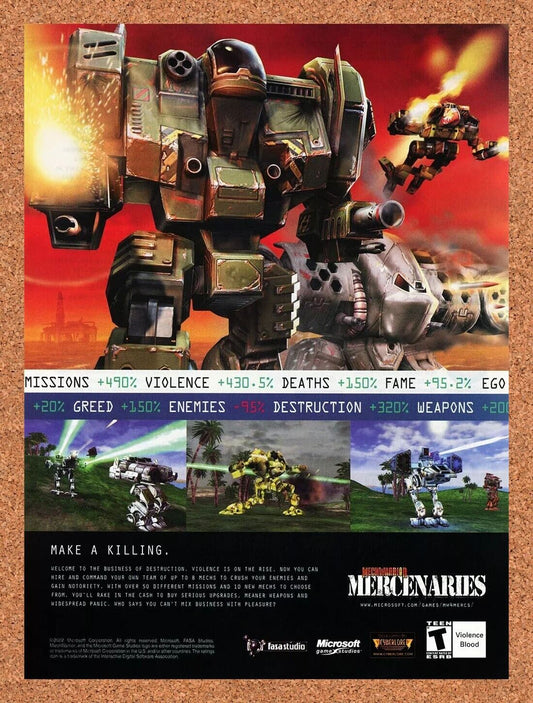 Mechwarrior Mercenaries PC Original 2003 Ad Authentic Mech Video Game Promo v1