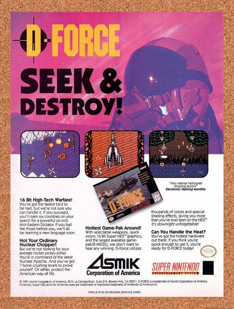 1992 D-Force SNES Original Advertisement / Retro Wall Art v1
