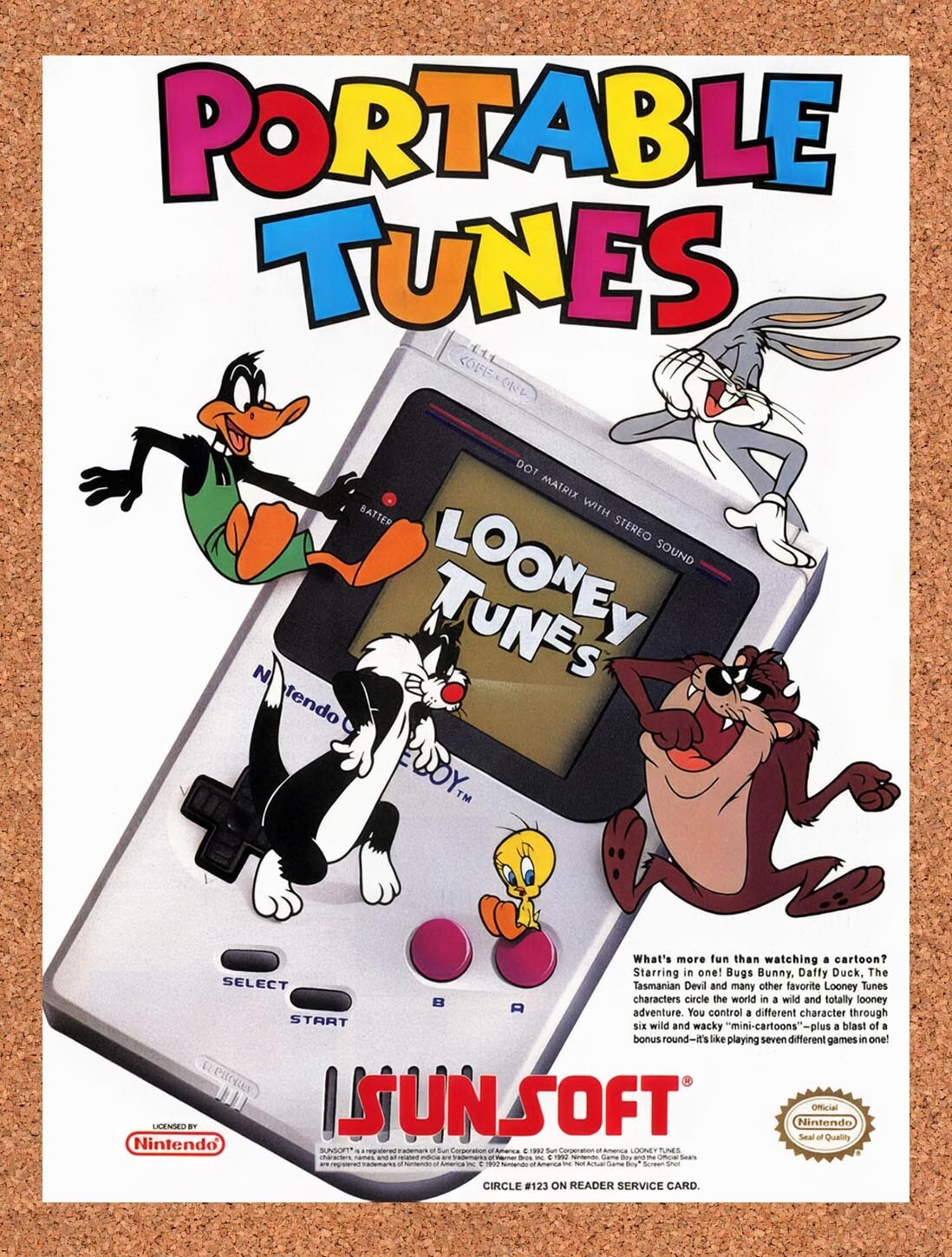 1992 Sunsoft Looney Tunes Game Boy Games Original Ad / Retro Wall Art v4