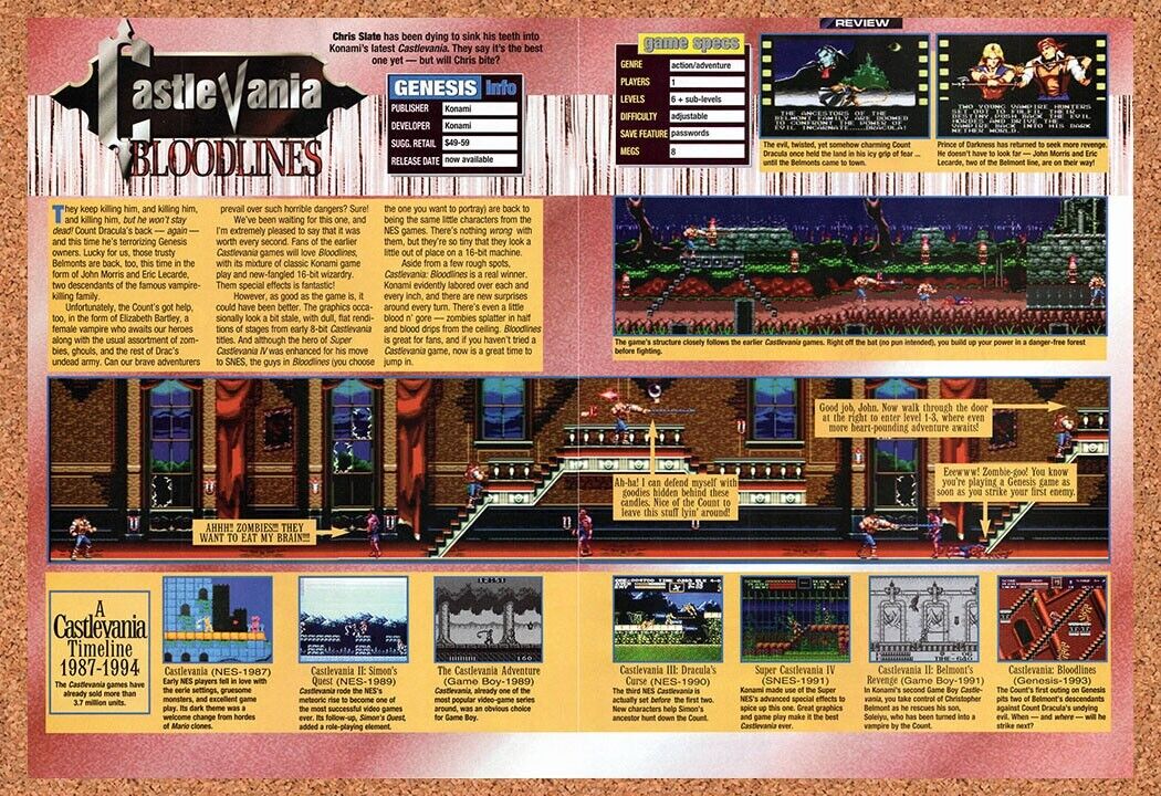 1993 Castlevania Bloodlines Genesis Original Advertisement / Retro Wall Art v4