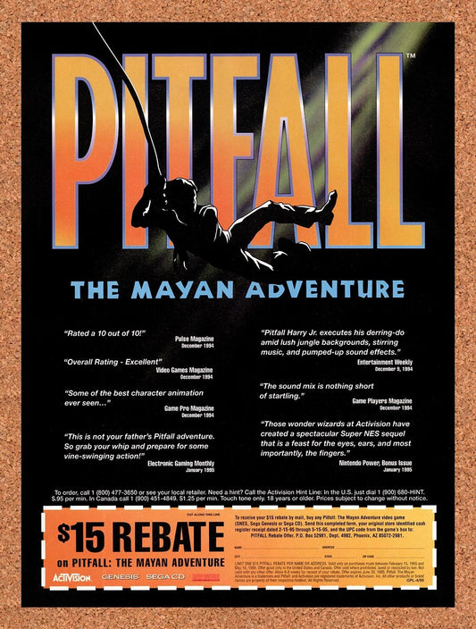 1994 Pitfall Genesis Rebate Original Advertisement / Retro Wall Art v6