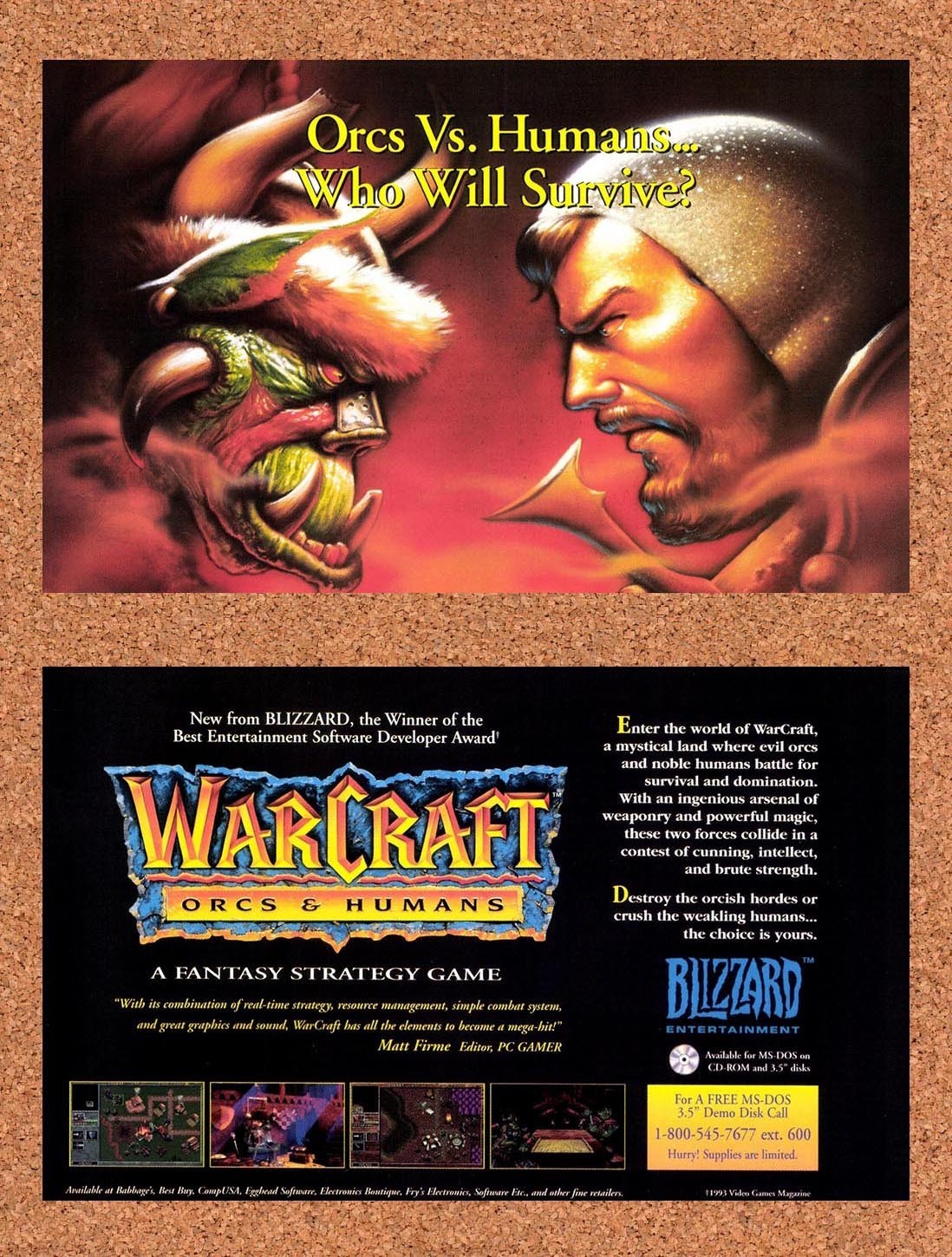 1995 WarCraft Orcs & Humans PC Original Advertisement / Retro Promo v1