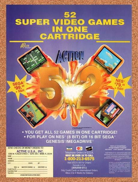 1993 Action 52 NES Original Advertisement / Retro Wall Art v1