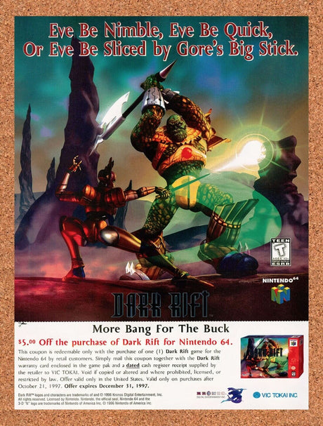 1997 Dark Rift N64 Original Advertisement / Retro Wall Art v1